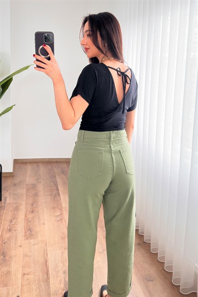 Mom Kalıp Gabardin Denim Haki Pantolon