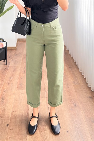 Mom Kalıp Gabardin Denim Haki Pantolon