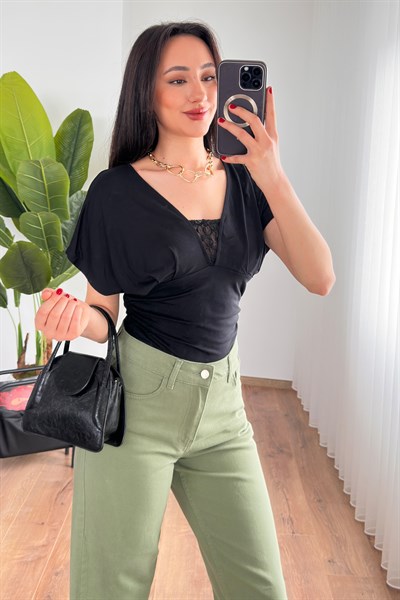 Mom Kalıp Gabardin Denim Haki Pantolon