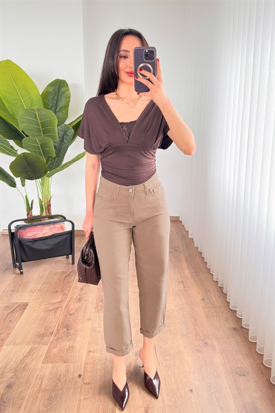 Mom Kalıp Gabardin Denim Kahve Pantolon