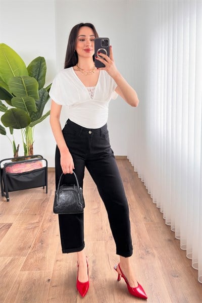 Mom Kalıp Gabardin Denim Siyah Pantolon