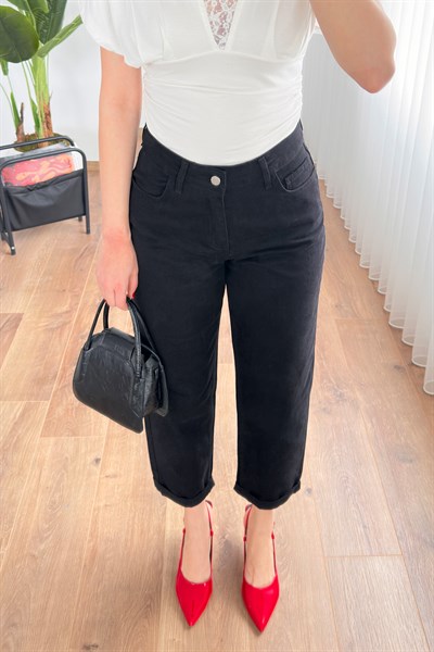 Mom Kalıp Gabardin Denim Siyah Pantolon