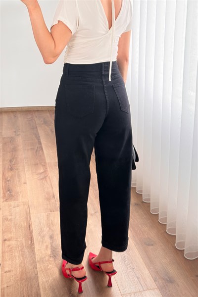 Mom Kalıp Gabardin Denim Siyah Pantolon