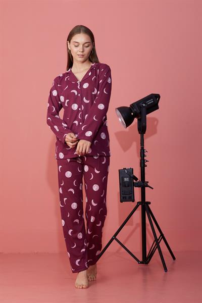 Moonlight Desen Düğmeli Mürdüm Pijama Takımı