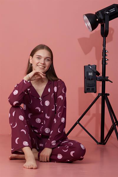 Moonlight Desen Düğmeli Mürdüm Pijama Takımı