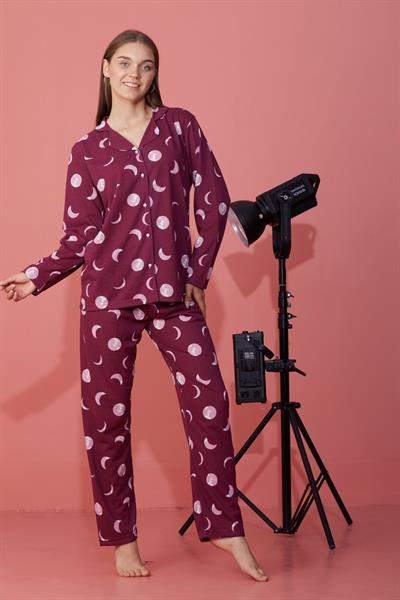 Moonlight Desen Düğmeli Mürdüm Pijama Takımı