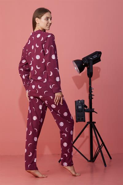 Moonlight Desen Düğmeli Mürdüm Pijama Takımı