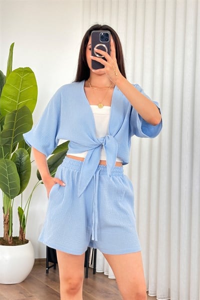 Müslin Önden Bağlamalı Kısa Model Bebe Mavisi Kimono