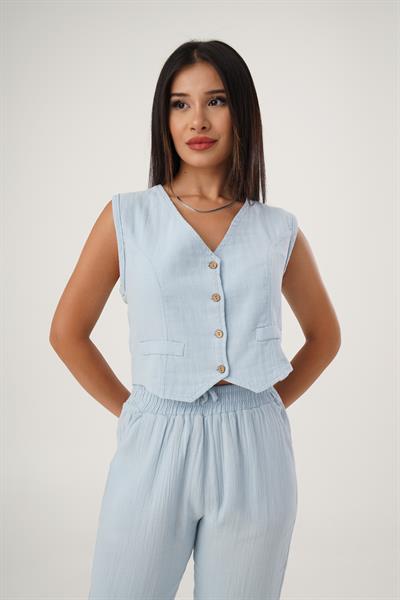 Müslin V Yaka Bebe Mavisi Mini Yelek