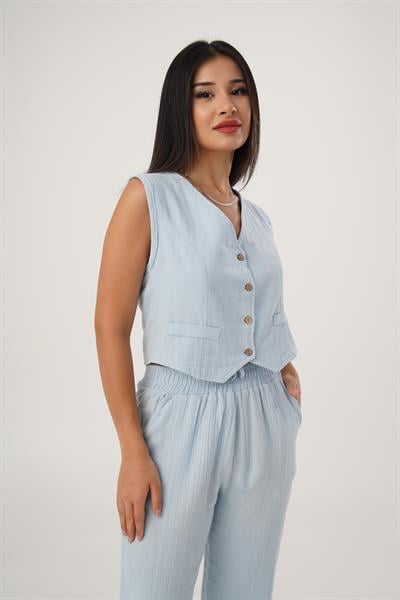 Müslin V Yaka Bebe Mavisi Mini Yelek