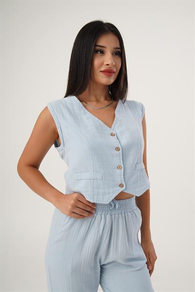 Müslin V Yaka Bebe Mavisi Mini Yelek