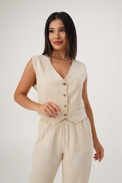 Müslin V Yaka Bej Mini Yelek