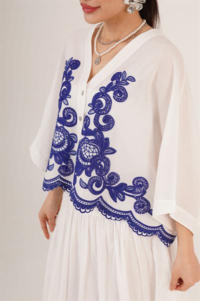 Nakışlı Yarasa Kol Gömlek ve Astarlı Etek Ekru İkili Takım