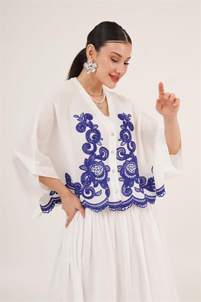 Nakışlı Yarasa Kol Gömlek ve Astarlı Etek Ekru İkili Takım