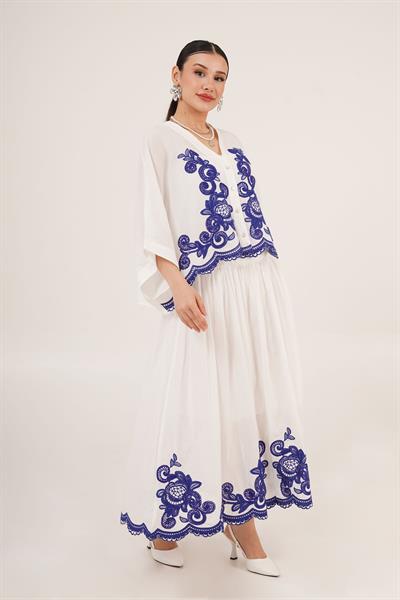 Nakışlı Yarasa Kol Gömlek ve Astarlı Etek Ekru İkili Takım