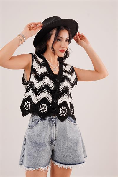 Zikzak Geçişli Triko Örme Yelek