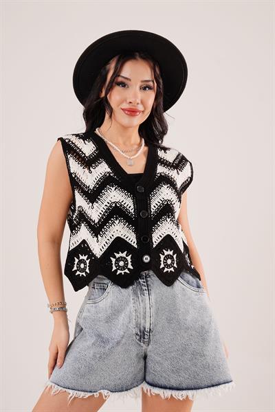 Zikzak Geçişli Triko Örme Yelek
