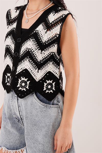 Zikzak Geçişli Triko Örme Yelek