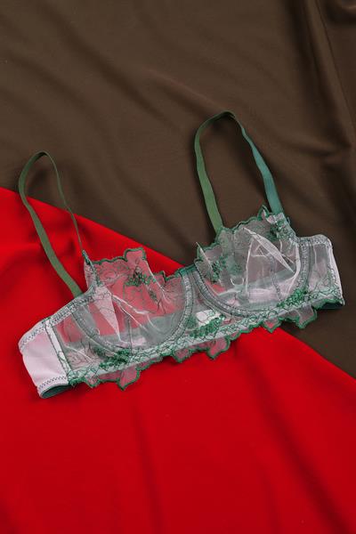 Nakışlı Tüllü Transparan Yeşil Bralet Takımı (Sütyen & Tanga)