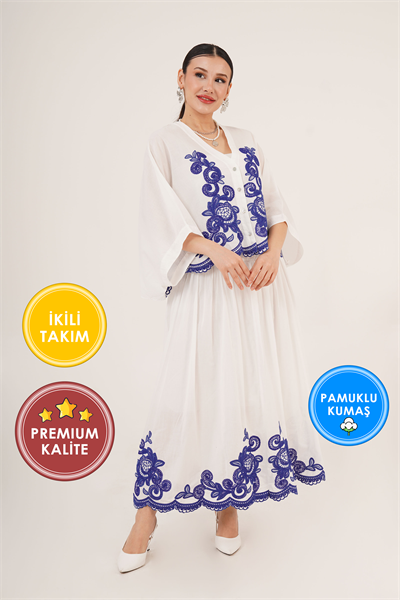 Nakışlı Yarasa Kol Gömlek ve Astarlı Etek Ekru İkili Takım