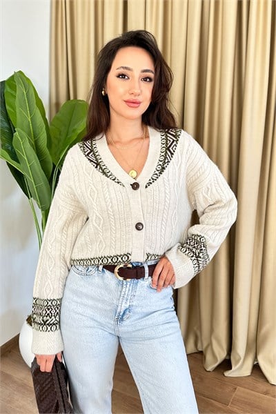 Norveç Desen Düğmeli Siyah Triko Hırka