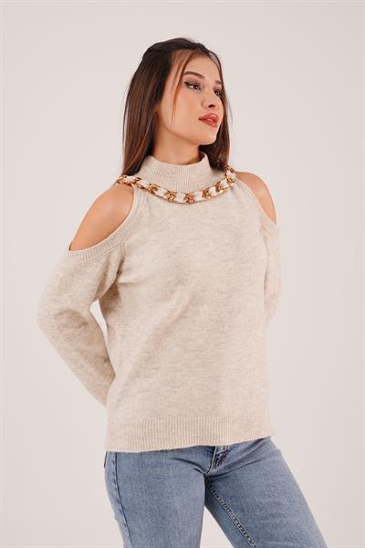 Omuz Dekolteli Boğazlı Kolye Detay Taş Triko Kazak