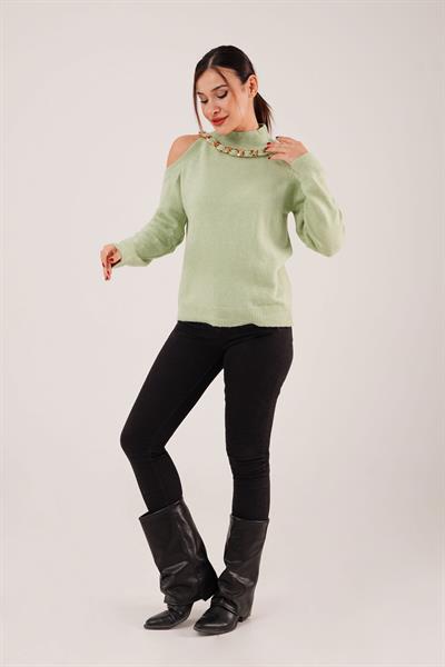 Omuz Dekolteli Boğazlı Kolye Detay Yeşil Triko Kazak