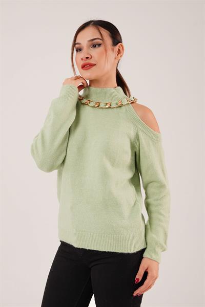 Omuz Dekolteli Boğazlı Kolye Detay Yeşil Triko Kazak