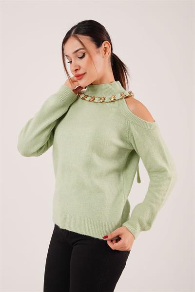 Omuz Dekolteli Boğazlı Kolye Detay Yeşil Triko Kazak