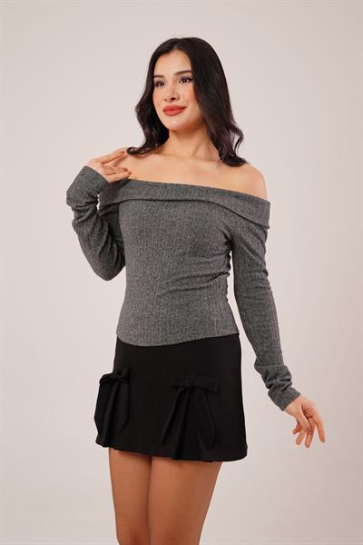 Omuz Dekolteli Madonna Yaka Antrasit Bluz