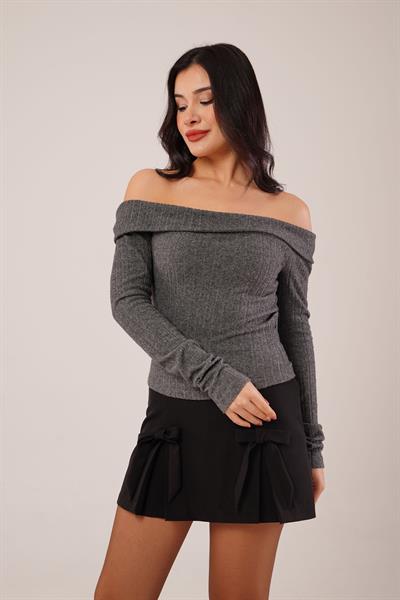 Omuz Dekolteli Madonna Yaka Antrasit Bluz