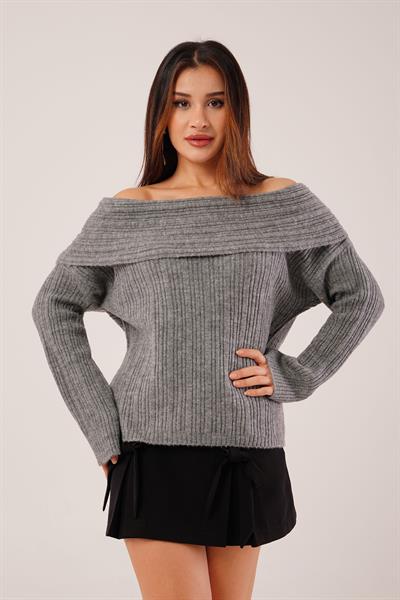 Omuz Dekolteli Madonna Yaka Antrasit Triko Kazak