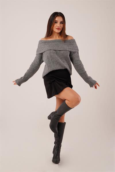 Omuz Dekolteli Madonna Yaka Antrasit Triko Kazak