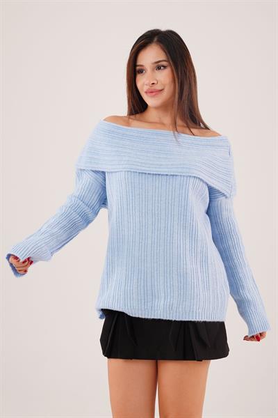 Omuz Dekolteli Madonna Yaka Bebe Mavisi Triko Kazak