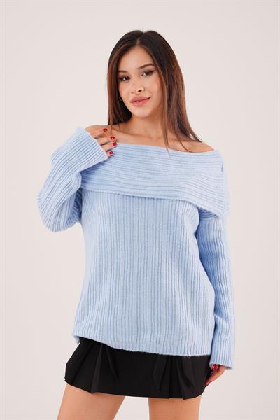 Omuz Dekolteli Madonna Yaka Bebe Mavisi Triko Kazak