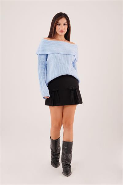 Omuz Dekolteli Madonna Yaka Bebe Mavisi Triko Kazak