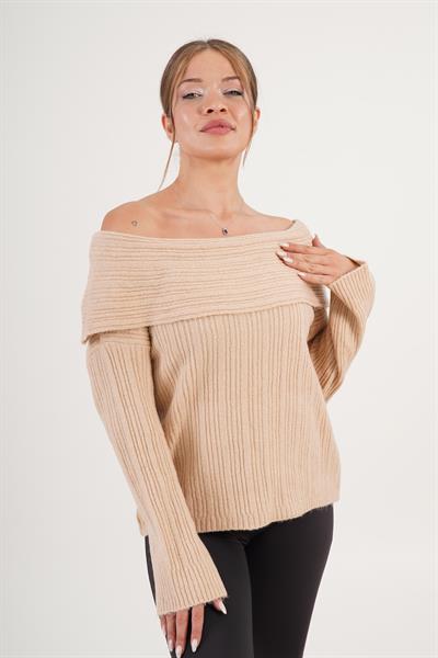 Omuz Dekolteli Madonna Yaka Camel Triko Kazak