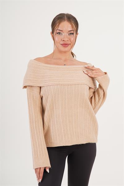 Omuz Dekolteli Madonna Yaka Camel Triko Kazak