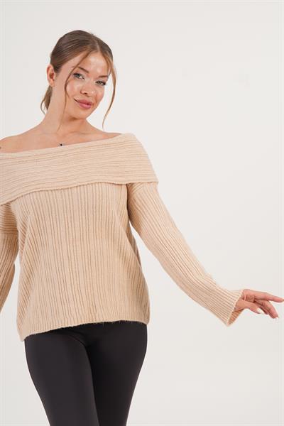Omuz Dekolteli Madonna Yaka Camel Triko Kazak
