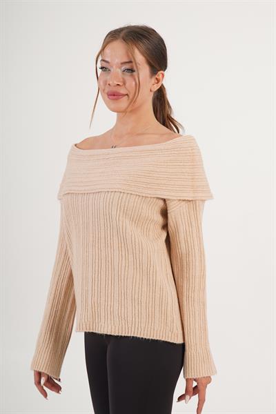 Omuz Dekolteli Madonna Yaka Camel Triko Kazak