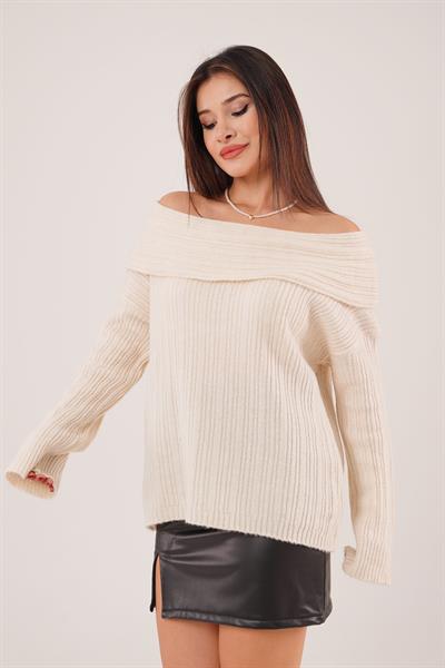 Omuz Dekolteli Madonna Yaka Ekru Triko Kazak