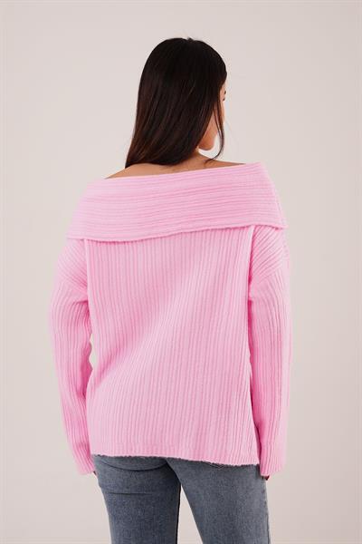 Omuz Dekolteli Madonna Yaka Pembe Triko Kazak