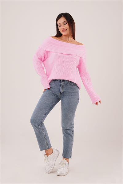 Omuz Dekolteli Madonna Yaka Pembe Triko Kazak