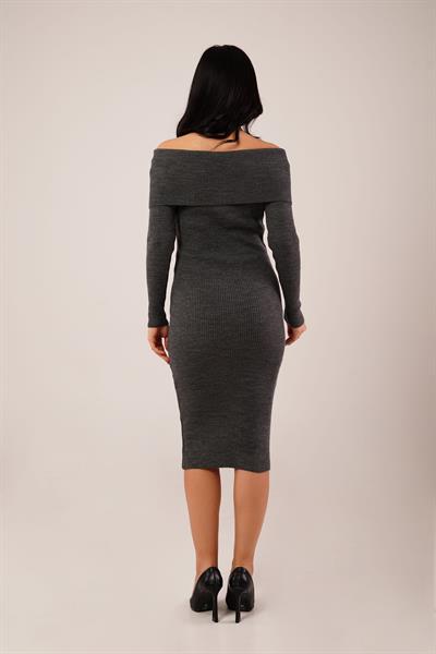 Omuz Dekolteli Midi Antrasit Triko Elbise