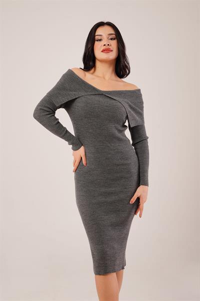 Omuz Dekolteli Midi Antrasit Triko Elbise