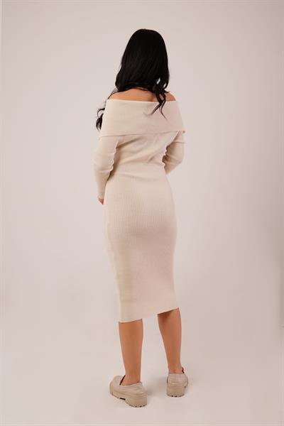 Omuz Dekolteli Midi Bej Triko Elbise