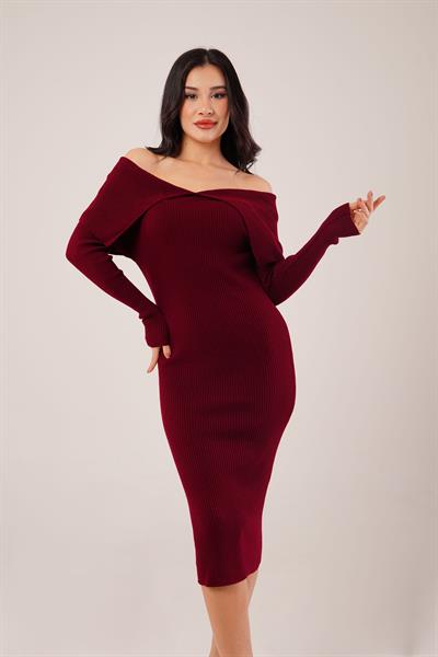 Omuz Dekolteli Midi Bordo Triko Elbise