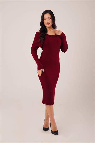 Omuz Dekolteli Midi Bordo Triko Elbise