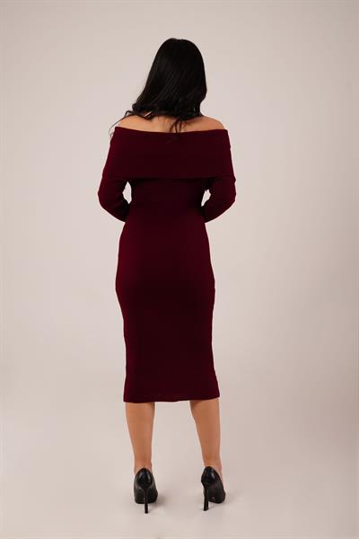 Omuz Dekolteli Midi Bordo Triko Elbise