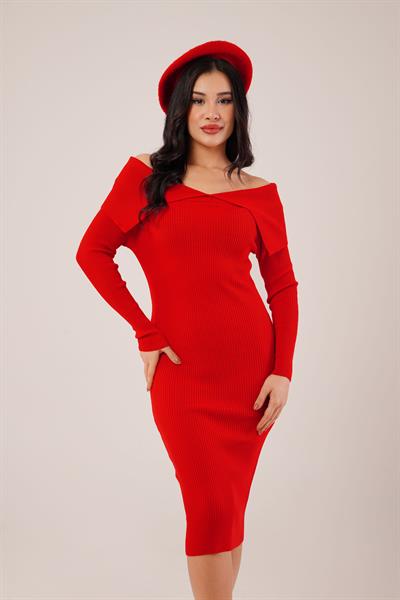 Omuz Dekolteli Midi Kırmızı Triko Elbise